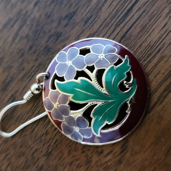 Cloisonne, Earrings, 1" in Diamenter, Maroon,Green,& Violet Gray - Picture 3 of 5